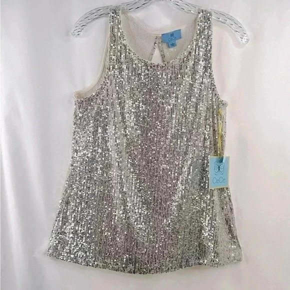 NWT CeCe Women’s Sleeveless Silver Sequins Pull-on Tank Top Back Slit Size S - Picture 1 of 9